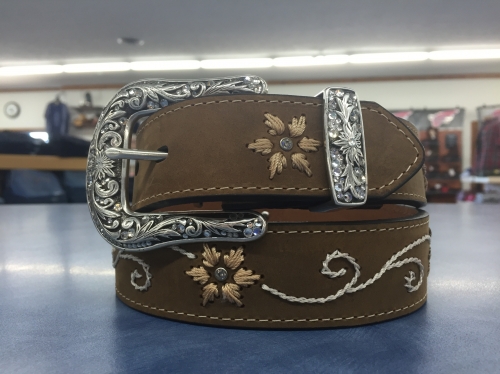 Women's Brown Leather Floral Detail Belt