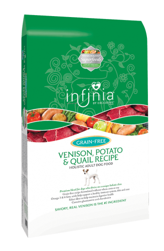 Infinia Grain Free Venison, Potato & Quail Recipe Dog Food, 15 and 30 pound bags