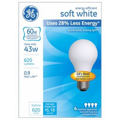 GE A-Line Soft White Halogen Light Bulgs 4pk, 43 Watts