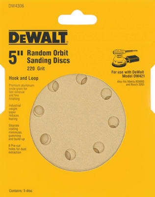5-Pk., 5-In. 8-Hole 220-Grit Hook-and-Loop Random Orbit Sandpaper