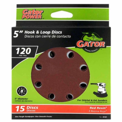 Sanding Discs, Aluminum Oxide, Red Resin, 120-Grit, 5-In., 8-Hole, 15-Pk.