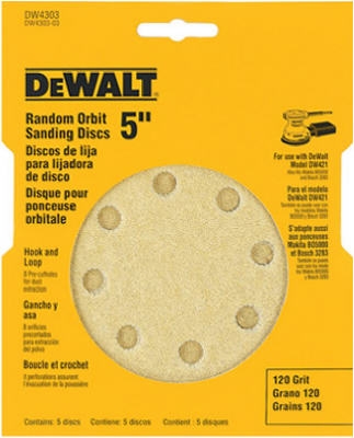 5-Pk., 5-In. 8-Hole 120-Grit Hook-and-Loop Random Orbit Sandpaper