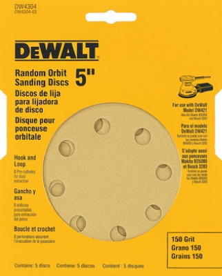 5-Pk., 5-In. 8-Hole 150-Grit Hook-and-Loop Random Orbit Sandpaper