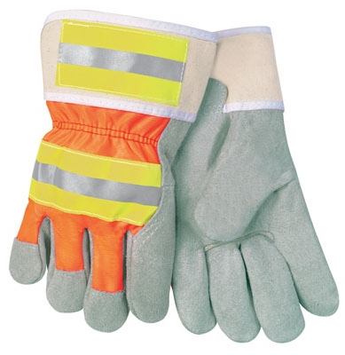 Safety Gloves, Hi-Viz, Leather Palm, Large