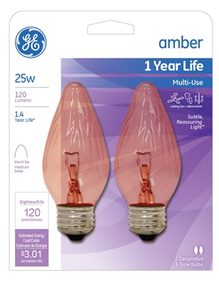 Decorative Light Bulb, Flame Shape, Amber, 25-Watt, 2-Pk.