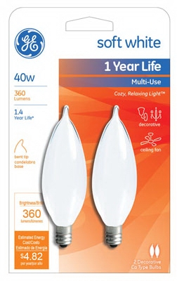 Candelabra Light Bulb, Bent-Tip, Frosted, 40-Watt, 2-Pk.