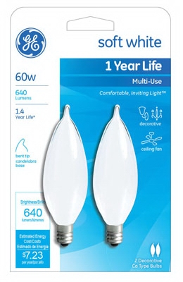 Candelabra Light Bulb, Bent-Tip, Frosted, 60-Watt, 2-Pk.