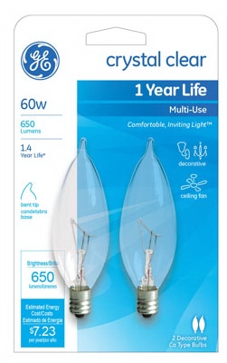 Candelabra Light Bulb, Bent-Tip, Clear, 60-Watt, 2-Pk.