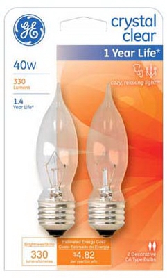 Decorative Light Bulb, Bent-Tip, Clear, 40-Watt, 2-Pk.