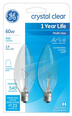 Candelabra Light Bulb, Blunt Tip, Clear, 60-Watt, 2-Pk.