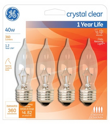 Candelabra Light Bulb, Bent-Tip, Clear, 40-Watt, 4-Pk.