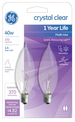 Candelabra Light Bulb, Bent Tip, 40-Watt, 2-Pk.