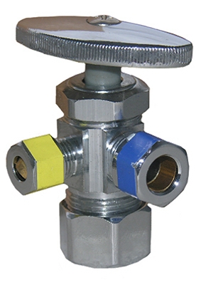 5/8 O.D. Compression Inlet x 3/8 O.D. Compression x 1/4-Inch O.D. Compression Chrome 3 Way Angle Valve