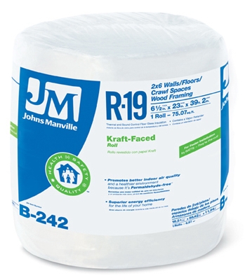 R19 Kraft Faced Fiberglass, 75.07-Sq.-Ft. Coverage, 6.5 x 23-In. x 39' 2 inch Roll