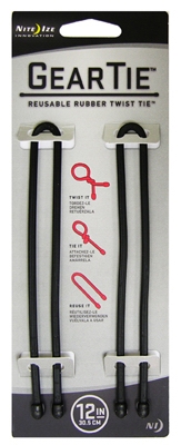Gear Tie Reusable Twist Tie, Black Rubber, 12-In., 2-Pk.