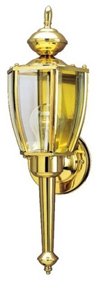 Wall Light Fixture, Outdoor, Polished Brass & Clear Glass, 100-Watt, 4.5 x 11-In.