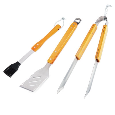 BBQ Tool Set, Wood & Stainless Steel, 3-Pc.