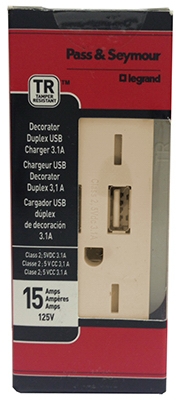USB Charger, 2-Outlet, Ivory, 15-Amp