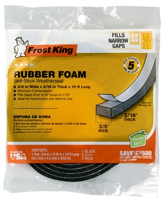Rubber Foam Weatherseal Tape, 3/8W x 3/16-in. T x 10Ft.