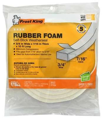 Rubber Foam Weatherseal Tape, 3/4W x 7/16-In. T x 10-Ft.