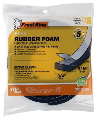 Rubber Foam Weatherseal Tape, 3/4W x 5/16-In. T x 10-Ft.