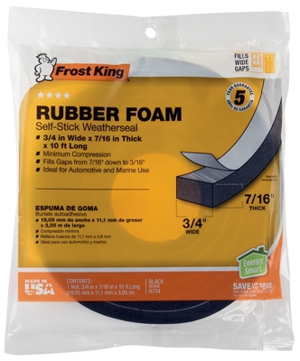 Rubber Foam Weatherseal Tape, 3/4W x 7/16-In. T x 10-Ft.
