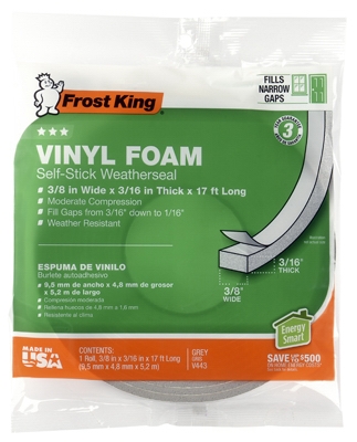 Vinyl Foam Weatherseal Tape, 3/8W x 3/16-In. T x 17-Ft.