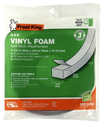 Vinyl Foam Weatherseal Tape, 1/2W x 3/8-In. T x 10-Ft.