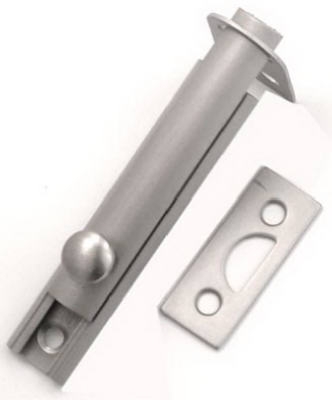 Door Surface Bolt, 2 Keepers, Satin Nickel, 3-In.