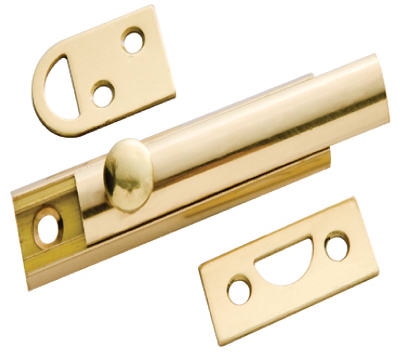 Door Surface Bolt, 2 Keepers, Brass, 3-In.