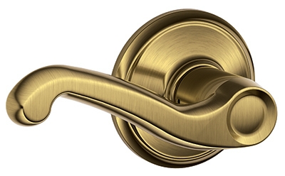 Passage Lockset, Flair Lever, Antique Brass, Fits 2-3/8 & 2-3/4-In. Backsets