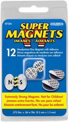 Super Neodymium Disc Magnets with Adhesive .375 inchD X 060 inchThk, 8 pieces, 6 north pole out, 6 south pole out