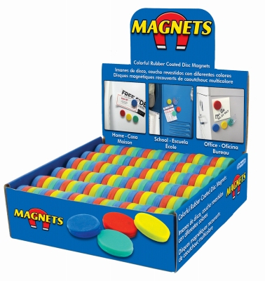 Colorful rubber coated disc magnets in counter Display, 1: Dia X .25 inchthk, 144 pieces, 4 colors-red, blue, yellow, green