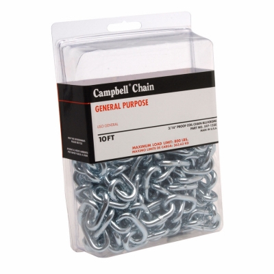 3/16 inch Grade 30 Proof Coil Chain, Zinc Plated, 10' per Plastic Clamshell