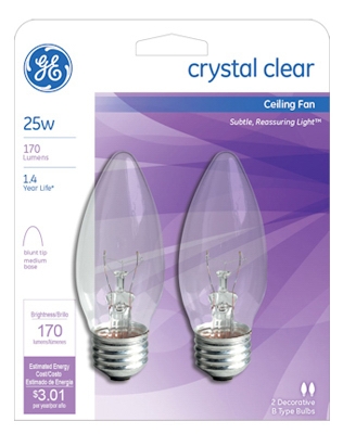 Clear Torpedo Ceiling Fan Bulbs, 2-Pack, 25-Watt