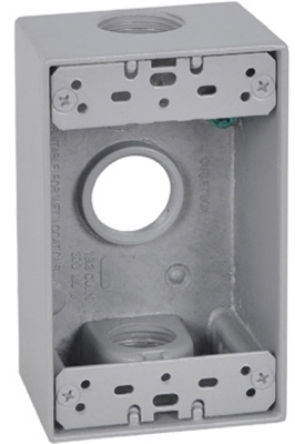 1 Gang Outlet Box, Rectangular, Gray, Weatherproof, Three 0.75-In. Holes