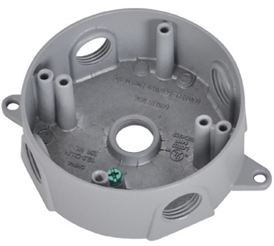 Round Outlet Box, Silver Gray, Weatherproof, Five 0.5-In. Holes