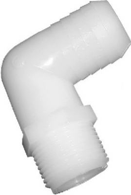 1/2 inch I.D. x 3/8 inch Male Pipe Thread, Nylon Hose Barb Elbow.