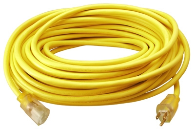 Extension Cord, 12/3, SJTW Yellow Round Vinyl, 25-Ft.