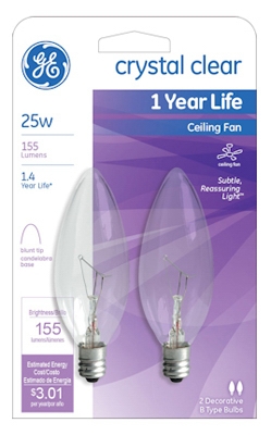 Blunt Tip Ceiling Fan Bulbs, 2-Pack, 25-Watt