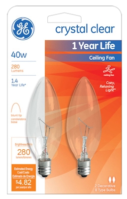 Ceiling Fan Light Bulb, 40-Watt, 120-Volt, 2-Pk.