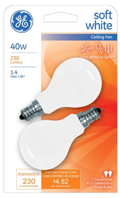 White Candelabra-Base Ceiling Fan Bulbs, 2-Pack, 40-Watt