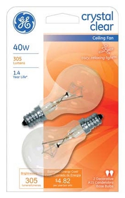 Clear Candelabra-Base Ceiling Fan Bulbs, 2-Pack, 40-Watt
