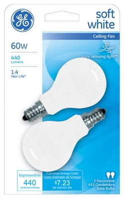White Candelabra-Base Ceiling Fan Bulbs, 2-Pack, 60-Watt