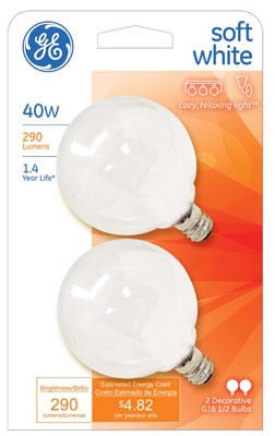 Globe Light Bulb, White, 40-Watt, 120-Volt, 2-In.-Diameter, 2-Pk.