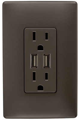 USB Charger With Duplex Receptacle, 2-Port, Dark Bronze 15-Amp