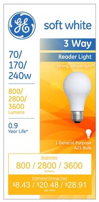 Reader Light Bulb, Soft White, 3-Way, 70/170/240-Watt