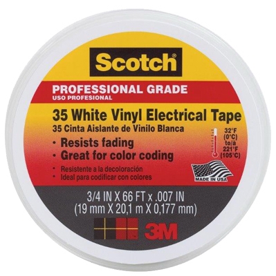 Vinyl Electrical Tape, Professional-Grade, White, .75-In. x 66-Ft.