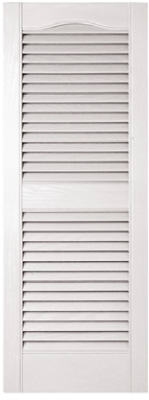 Pair of 15 inch x 39 inch 001 White Vinyl Arched Top Center Rail Louvered Shutters