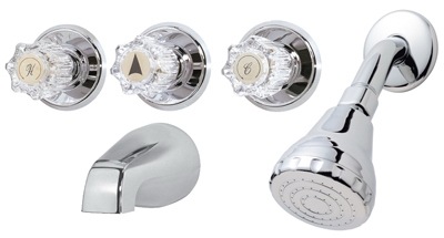 Tub & Shower Faucet + Showerhead, 3 Acrylic Handles, Chrome